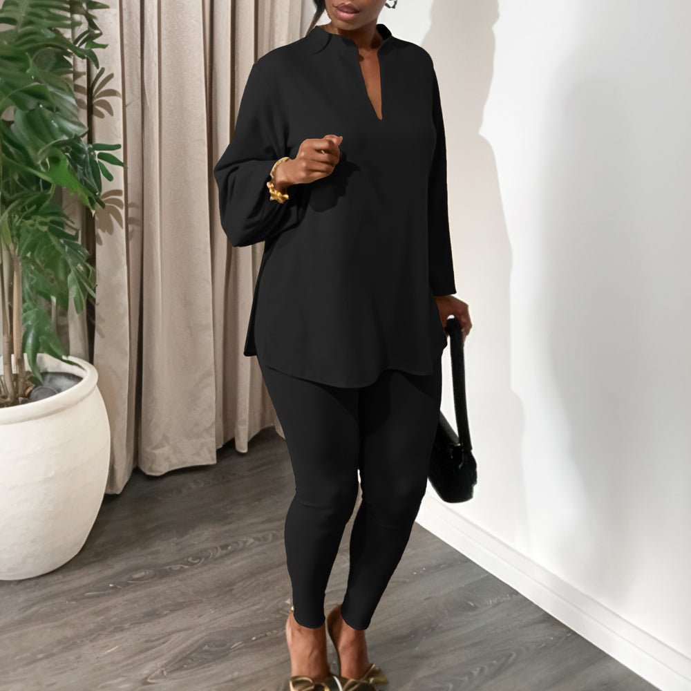 D535 women's foreign trade outfit:  autumn/winter fashion, solid color plus size v-neck long sleeve top and pants african style set