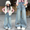 Girls' jeans - spring/autumn  new collection - stylish and relaxed fit straight leg jeans for older girls and teens - embroidered wide leg pants