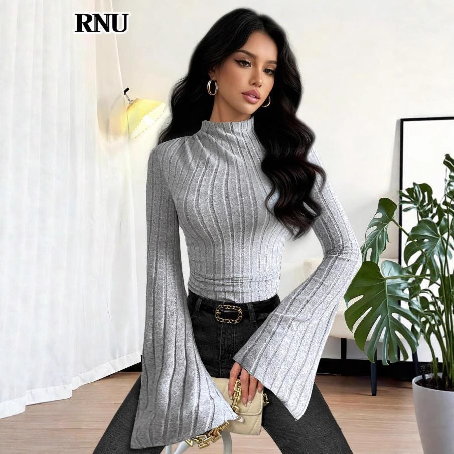 Fashion cross-border  spring new arrival pit half turtleneck silm elegant women's inner bell sleeve bottom shirt