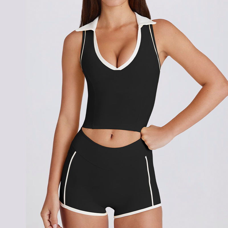 Sleeveless running pilates workout v-neck top vest with padded bra, color block turn-down collar yoga set