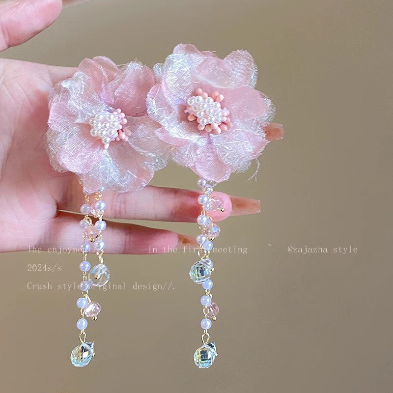 Romantic pink crystal flower pearl earrings - vacation vibes, luxe & ethereal, dopamine dressing