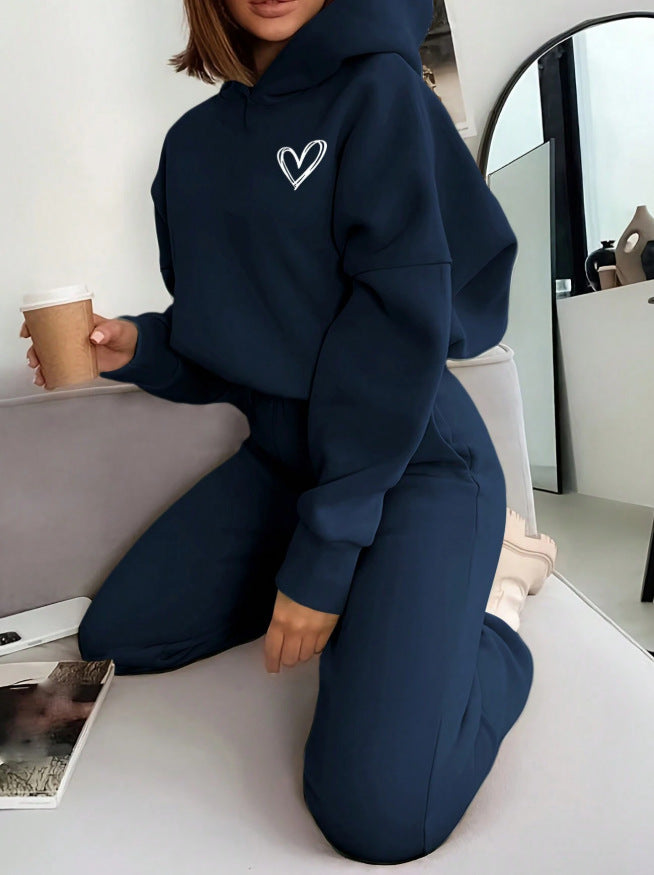 fashionembroider hooded sweatshirt suitloose drop shoulder drawstring wide leg sweatpants two-piece set