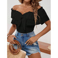 Women's black off-the-shoulder ruffle trim tie-waist bow detail short sleeve top - perfect for summer casual and vacation looks