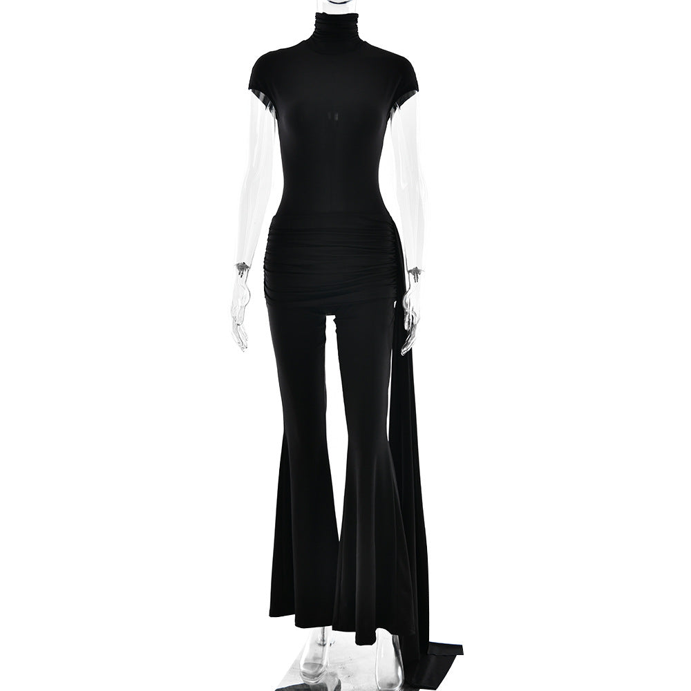 Europe and the United States  new sexy pleated streamer turtleneck jumpsuit  hot-selling fashion high-waisted slim jumpsuit
