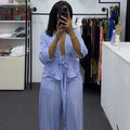 European and american cross-border women's fashion  summer new sweet v-neck striped tie-up shirt wide-leg pants casual set