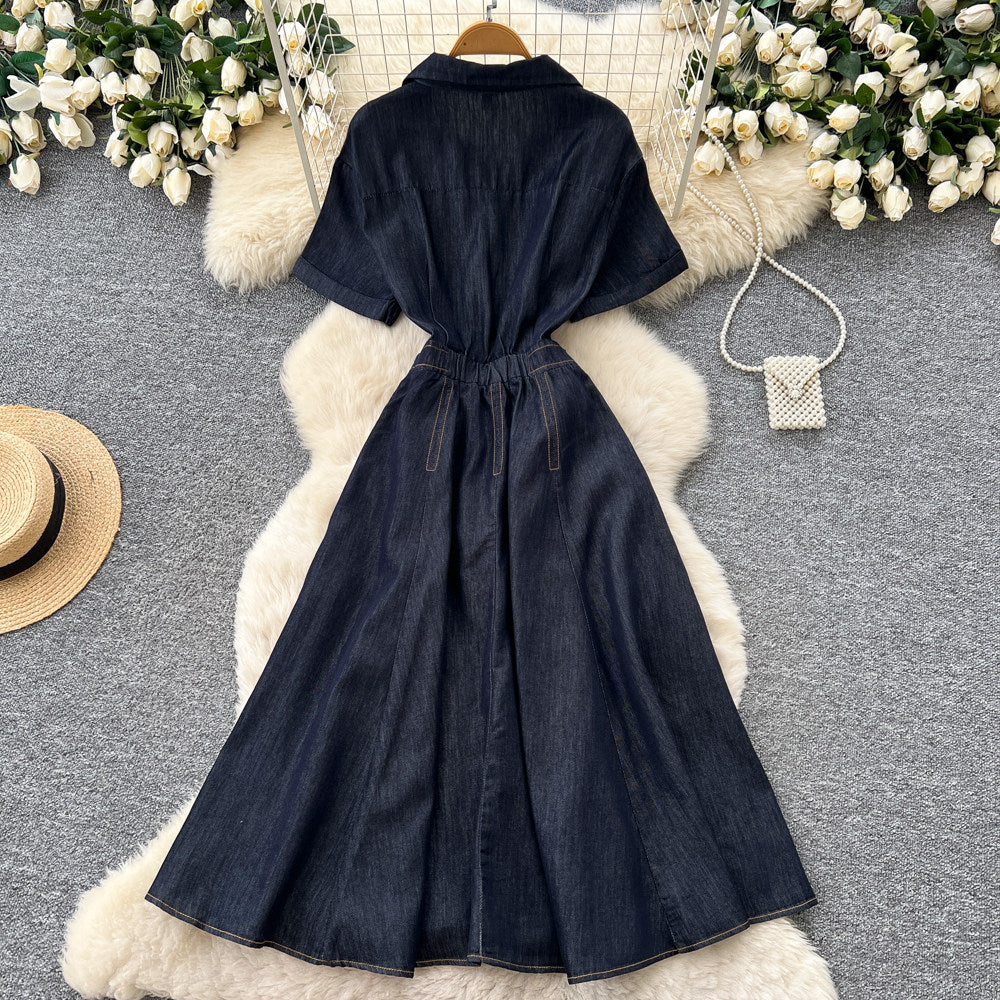 Retro denim style lapel short sleeve a-line dress women's early spring k-style waist slimming lookelegantwork clothing skirt