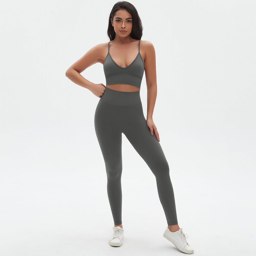 New arrival cross-border seamless pure color tight sexy sling beautiful back yoga suit sports running fitness two-piece set