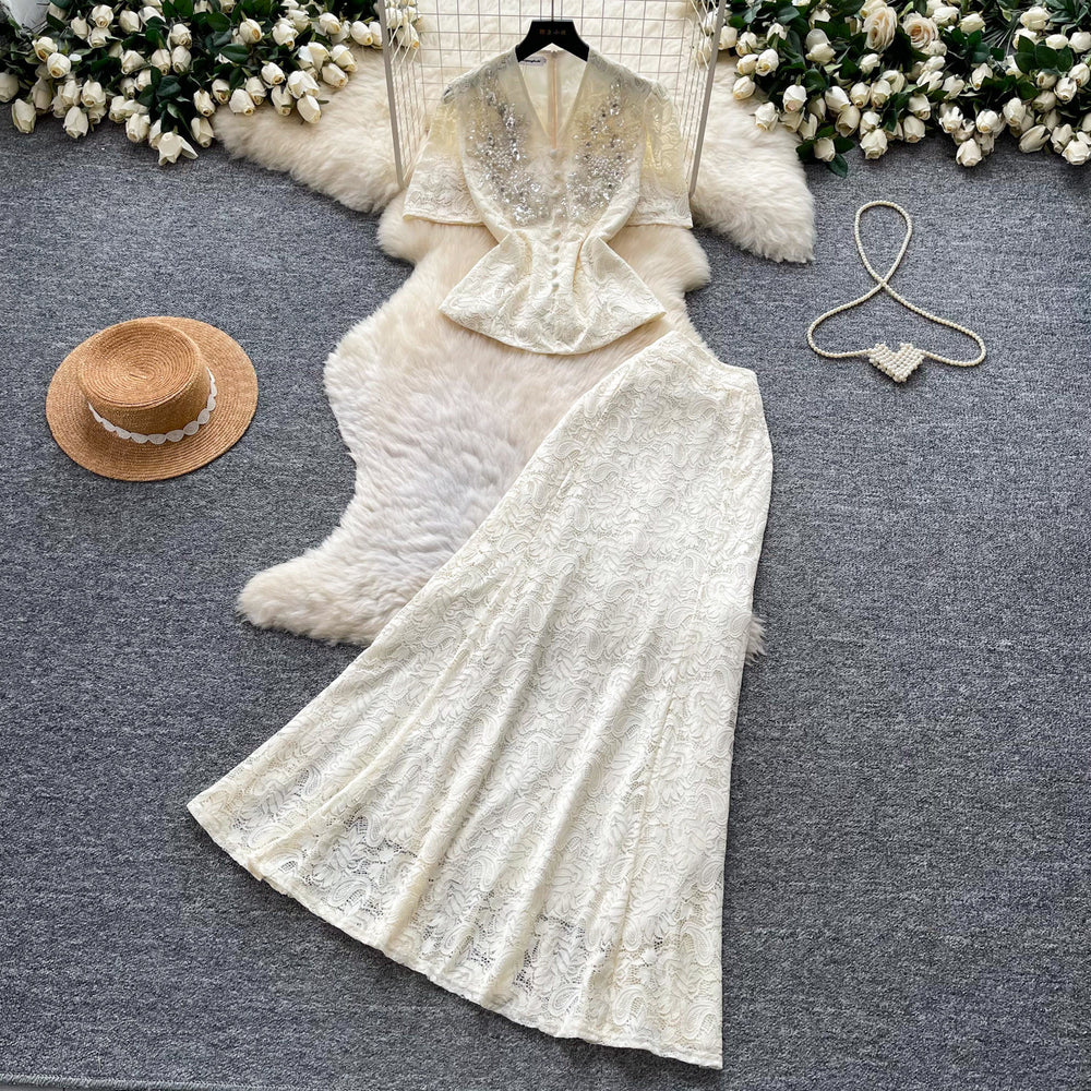 French style beaded v-neck lace two-piece set - women's summer high-end slim-fit elegant outfit