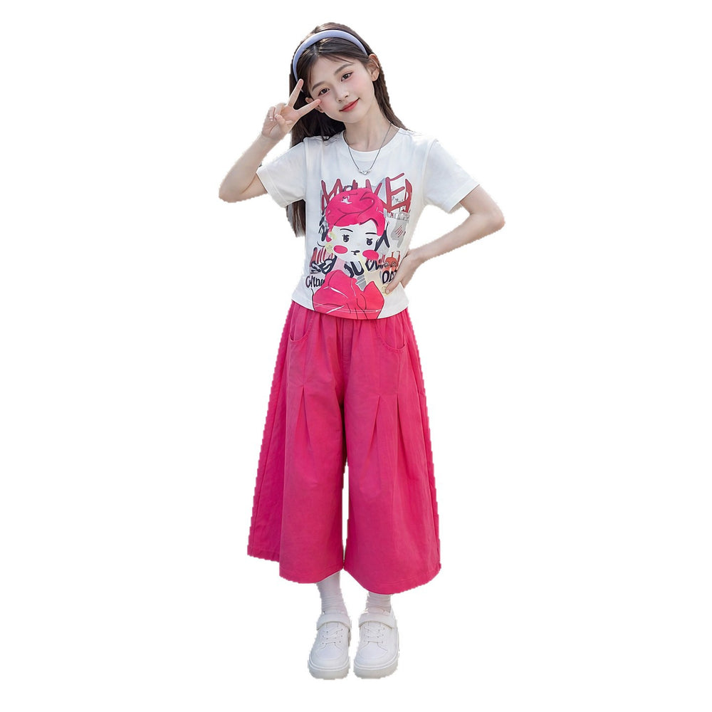 Girls' summer outfit : trendy and stylish short-sleeve two-piece set for girls (sizes for mid-to-large children) - dopamine summer collection