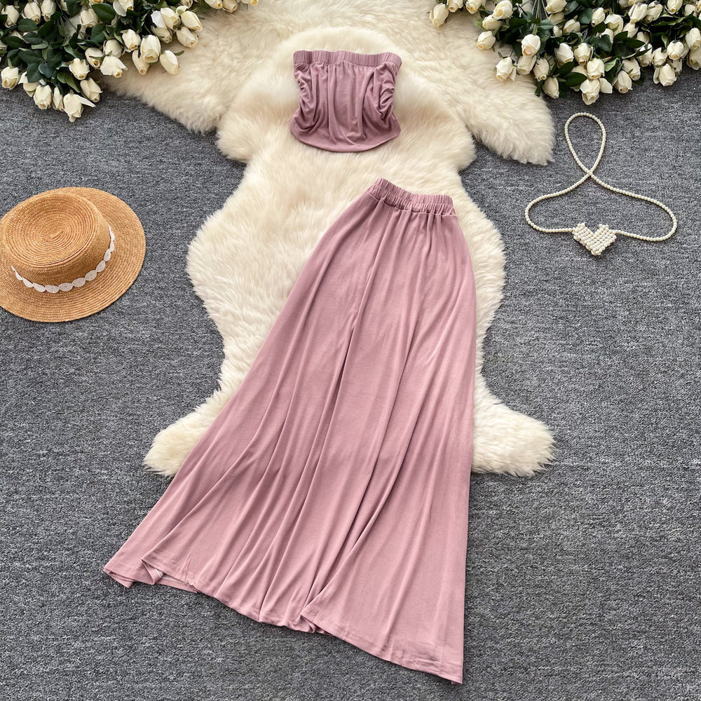 French riviera style halter top two-piece set: women's summer bandeau top & high-waisted midi skirt - slimming, chic, and fashionable outfit