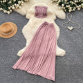 French riviera style halter top two-piece set: women's summer bandeau top & high-waisted midi skirt - slimming, chic, and fashionable outfit