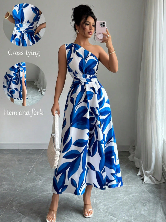 new european and american style cross-border fashion printed pleated elegant long dress