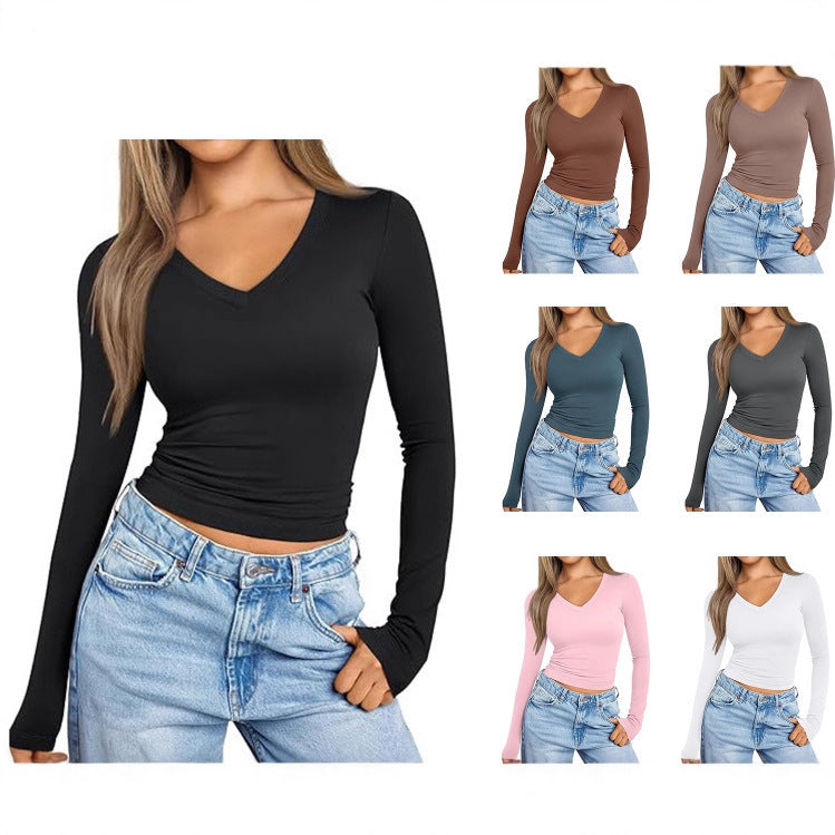 european and american style v-neck slim-fit long sleeve t-shirt - women's inner layering top - figure-hugging milk silk base layer