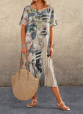european and american cross-border fashion casual printed dress - summer short sleeve tie-waist round neck loose beach maxi dress