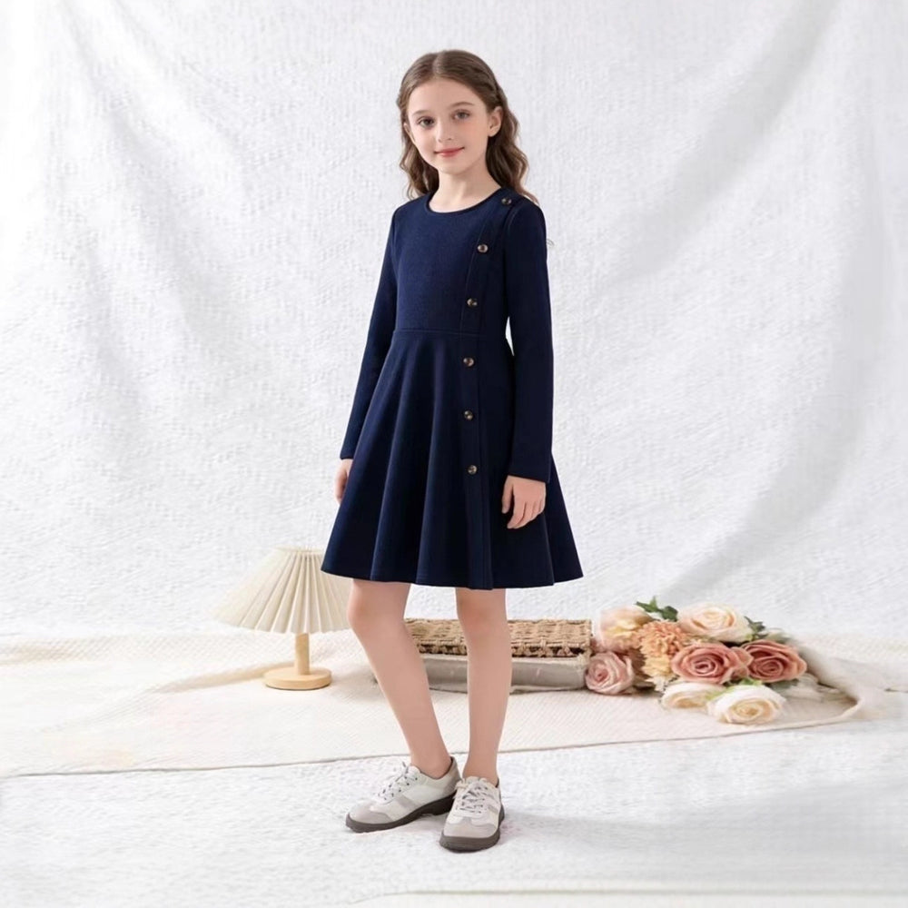 girls' clothing,  autumn/winter new arrivals, european and american style, export-quality, big kids' long-sleeved, side-button, casual and elegant dress