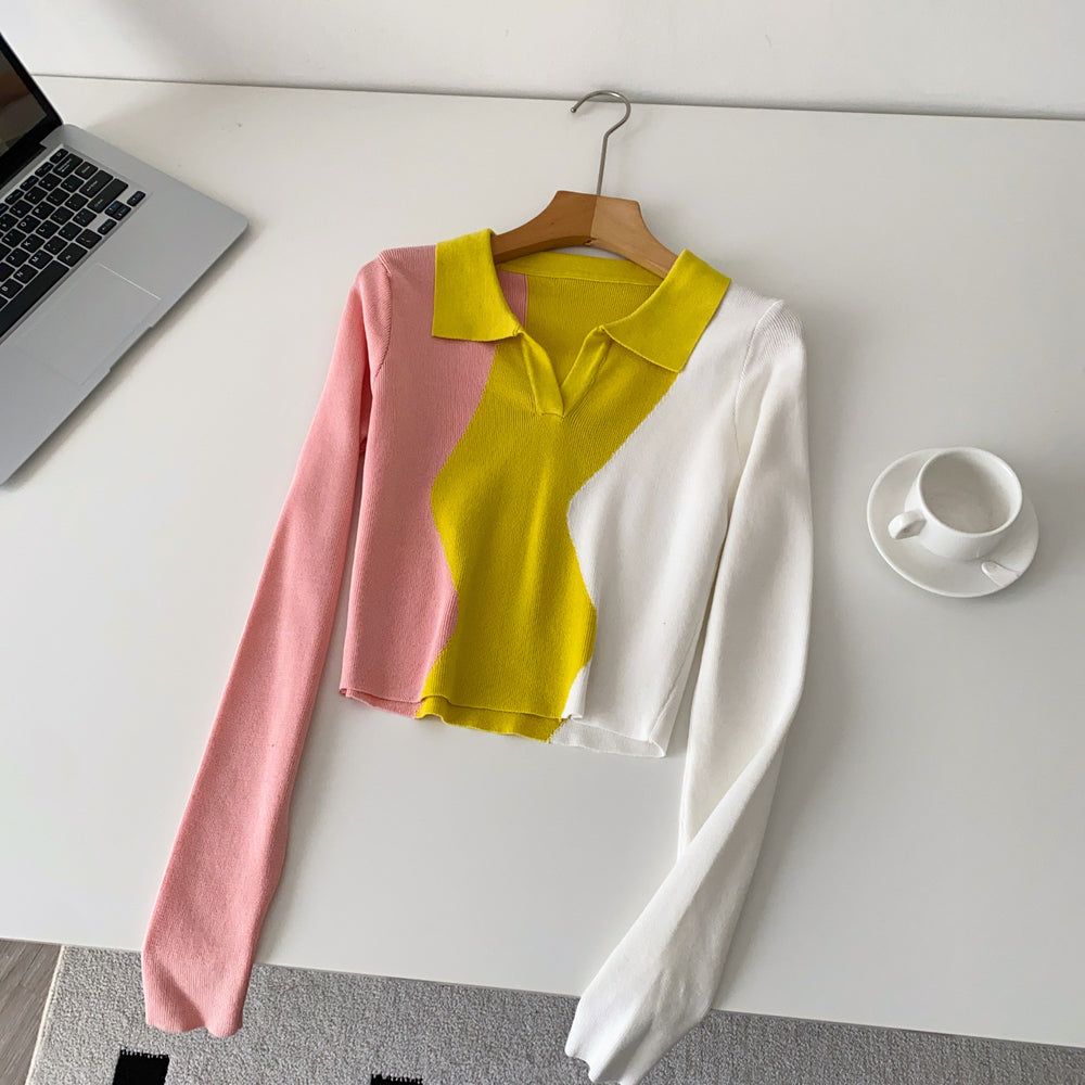 Niche stylesense of designretrofashion color matching polo collar long sleevesknitting shirt women's autumslimslimming lookshorttops