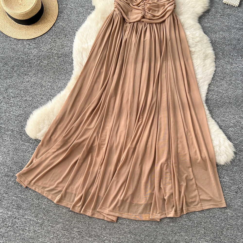 European and american fashionable socialite style halter dress - women's irregular pleated slimming beach maxi dress