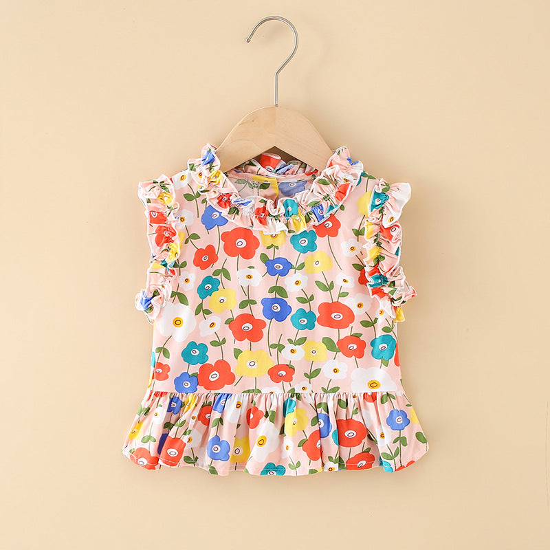 Girls' cotton rayon top - cartoon print, loose-fit, breathable, cute summer lightweight pajama set with lace trim