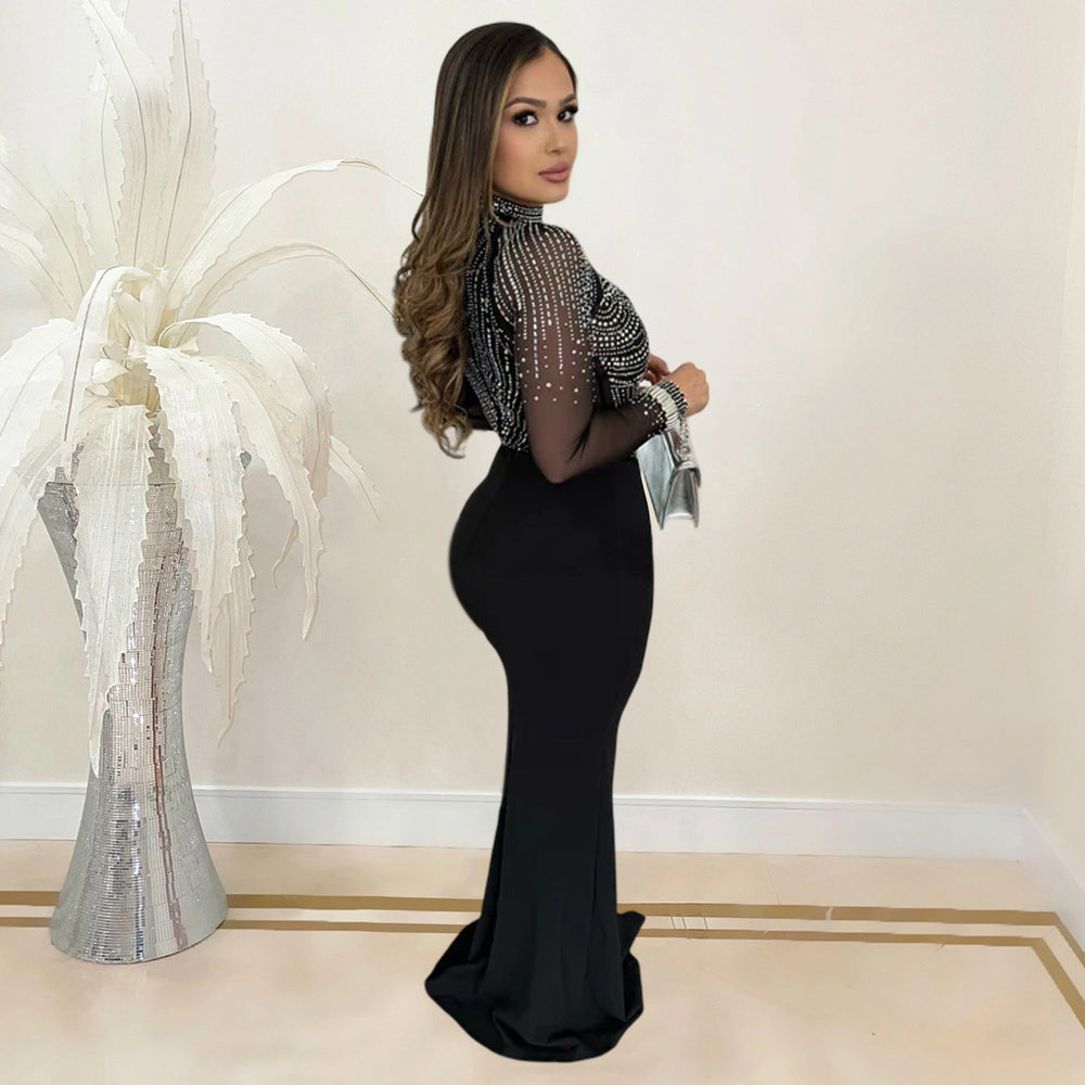C7016 cross-border   independent station fashionable women's hot diamond mesh dress long skirt new