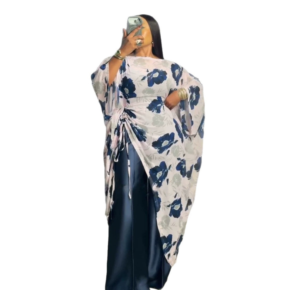 European and american cross-border women's fashion:  summer new collection - stylish printed drawstring longline shirt and wide-leg pants casual set