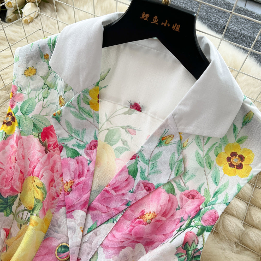 spring new arrival: french chic sleeveless a-line maxi dress with blazer collar, cinched waist, and single-breasted button detail - european & american style print