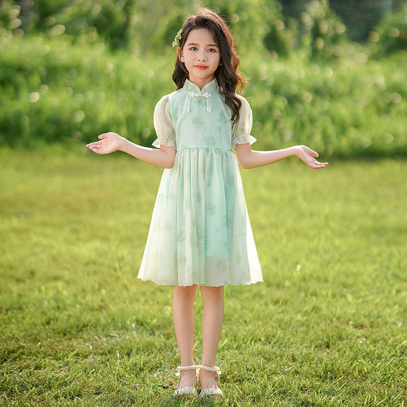 Girls' summer dress  new chinese style frog closure short sleeve traditional dress children's fashionable flared skirt