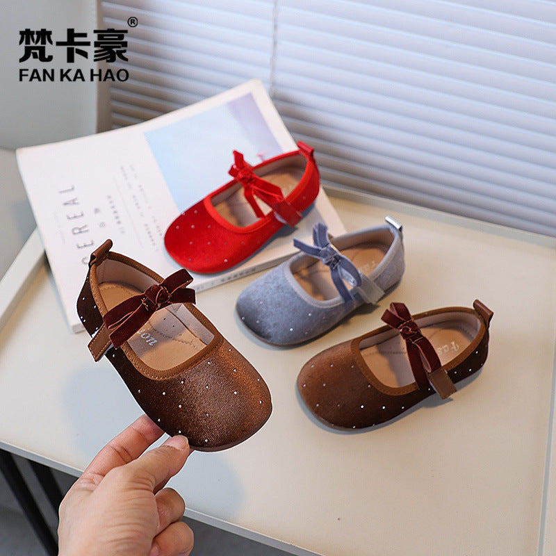 Vancahao girls' shoes:  autumn new collection - velvet bow princess shoes, kids' grandmother shoes, single shoes