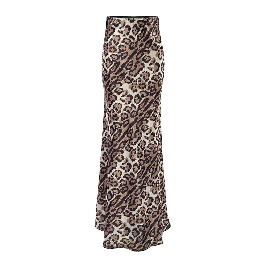 2024 autumn European and American retro leopard print skirt women's fashion high waist drape satin A-shaped dress wholesale women's clothing