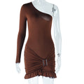 One shoulder oblique neck tight-fitting dresspure color long sleevesruffles hip skirt metal decoration pullover skirt elegance