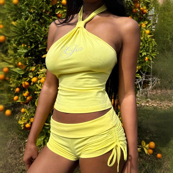 2025 European and American  new women's clothing, sexy neck-hanging sleeveless top, waist-length lace-up hip-wrapped shorts suit for women