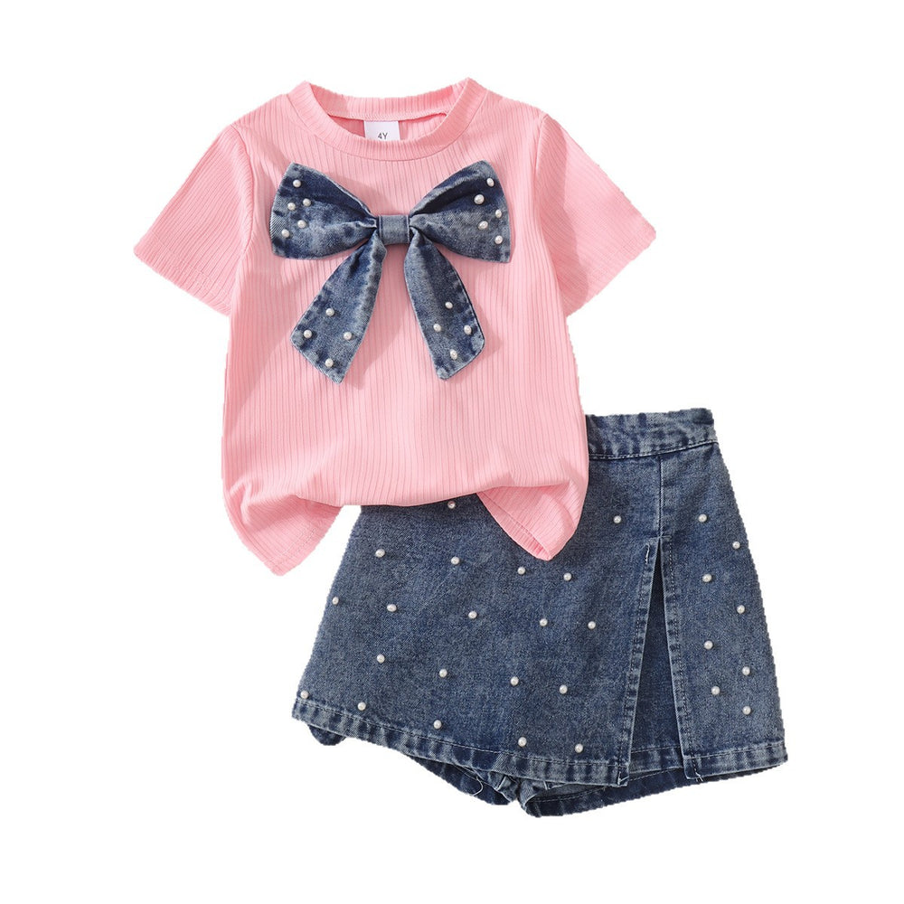 Baby clothing kids set children outfit pink tops+denim skirt
