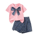 Baby clothing kids set children outfit pink tops+denim skirt