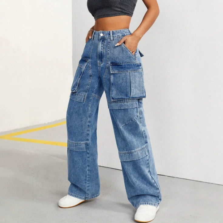 Amazon tiktok pinduoduo export cross-border fashion high waist double layer workwear wide leg jeans