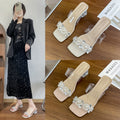 French transparent crystal rhinestone chunky heel slippers women's shoes 2024 new summer outdoor wear rhinestone high heel sandals plus size