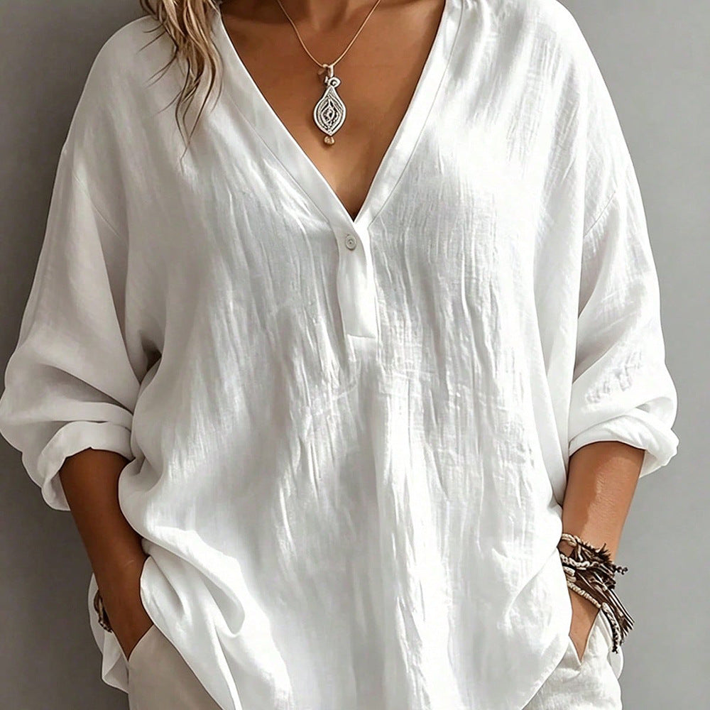 Casual resort style textured shirt v neck half placket loose dropped shoulder sleeves easiest for match women's clothing 1688 supply
