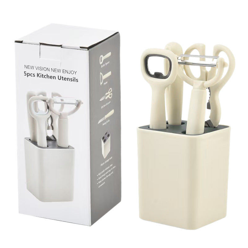 5-piece kitchen gadget set with storage base: includes fruit peeler, vegetable peeler, food scissors, and fruit knife – a complete five-piece set