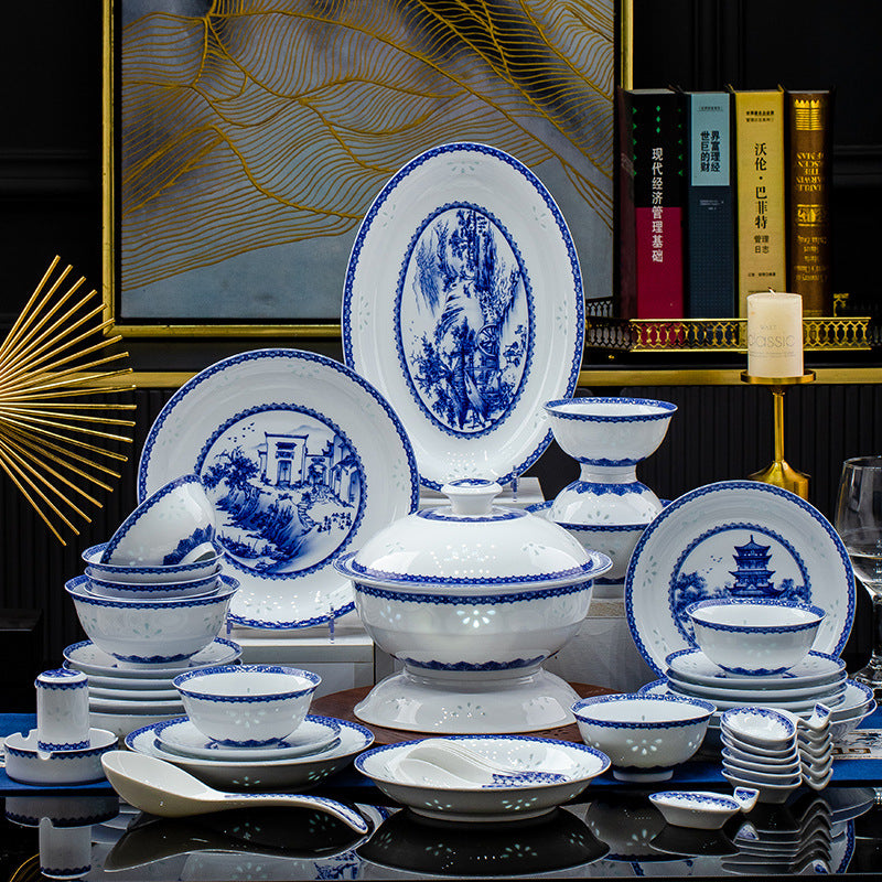 Jingdezhen Blue and White Linglong High Temperature Underglaze Color Tableware Set Fish Plate High Foot Bowl Noodle Bowl High-end Gift Box
