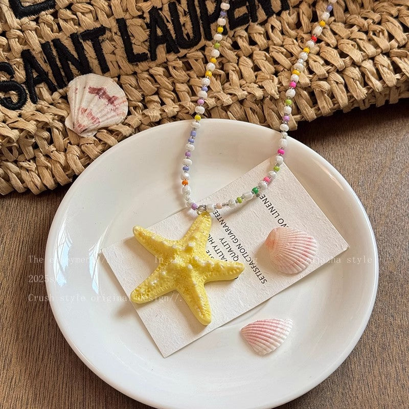 Dopamine long beaded starfish necklace women's summer beach island vacation style exaggerated yellow clavicle chain accessories