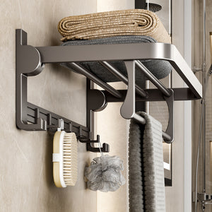 Gunmetal towel rack, foldable bath towel holder, no-drill bathroom toilet storage shelf, wall-mounted organizer