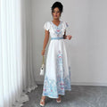 spring/summer court style stand collar double-breasted lantern sleeve printed maxi dress with lace trim