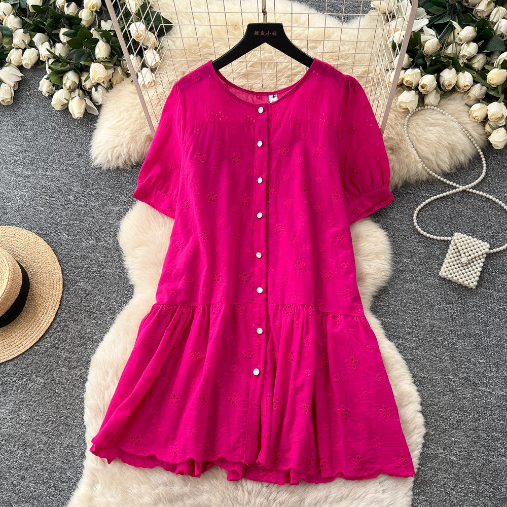 French chic yellow cutout embroidery dress - women's summer short sleeve a-line dress - elegant, slim-fit, and perfect for work