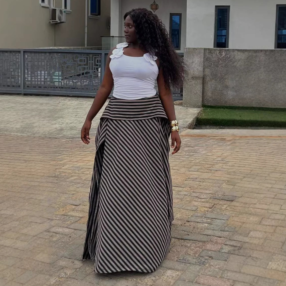 European and american cross-border women's fashion:  summer new arrivals - stylish, high-waisted, slimming, designer striped maxi midi skirt
