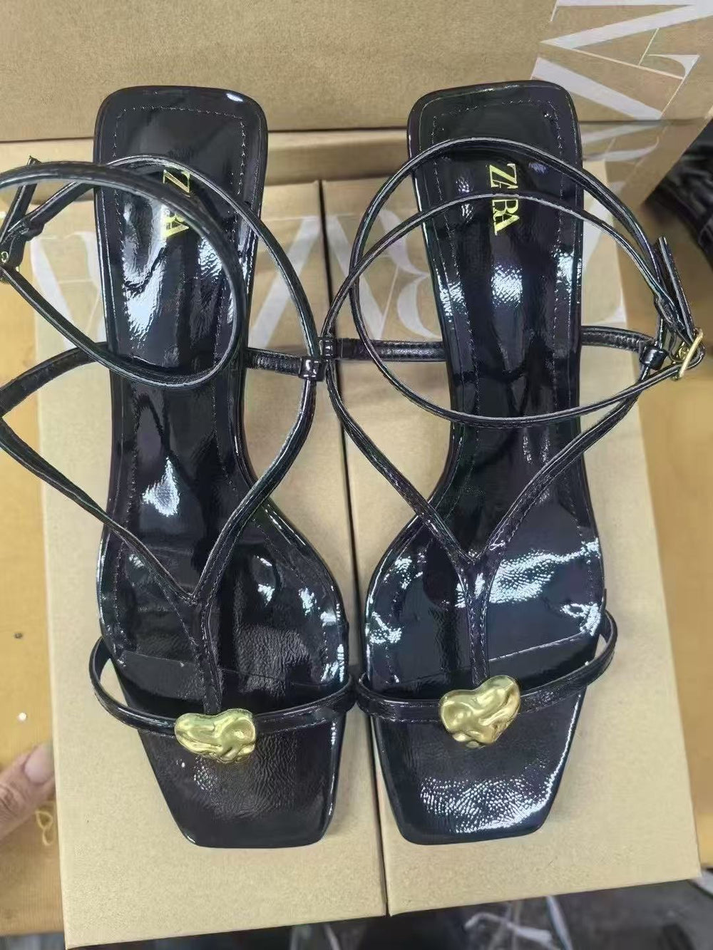 Za summer new arrivals 2025: stiletto heel sandals with metal buckle detail, ankle strap, and back tie closure