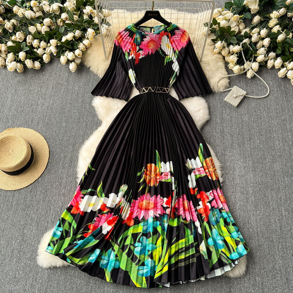 European and american retro court style design printed long dress with heavy pleating, puff sleeves, and pleated skirt - spring collection for women