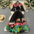 European and american retro court style design printed long dress with heavy pleating, puff sleeves, and pleated skirt - spring collection for women