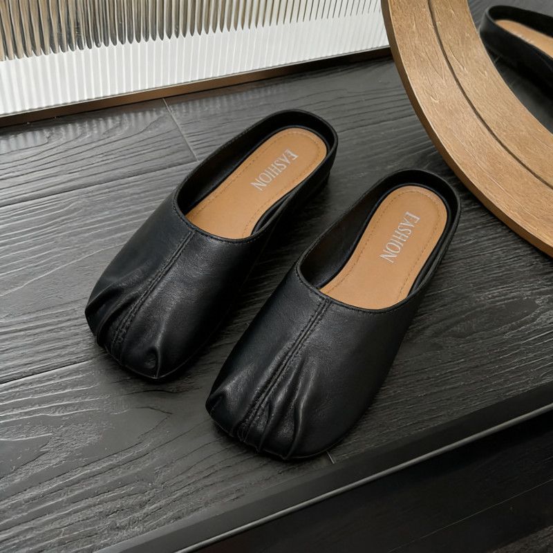 Baotou half drag square toe pleated slippers for women 2026 k-style casual lazy one-leg flat bottom fashion women's shoes