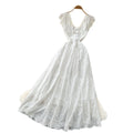 French riviera style v-neck white hollow-out lace trim dress - women's summer high-waisted slimming elegant maxi dress