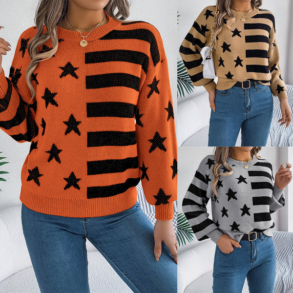Real shot 2025 autumn and winter European and American casual star striped lantern long-sleeved pullover sweater, independent station  women's clothing