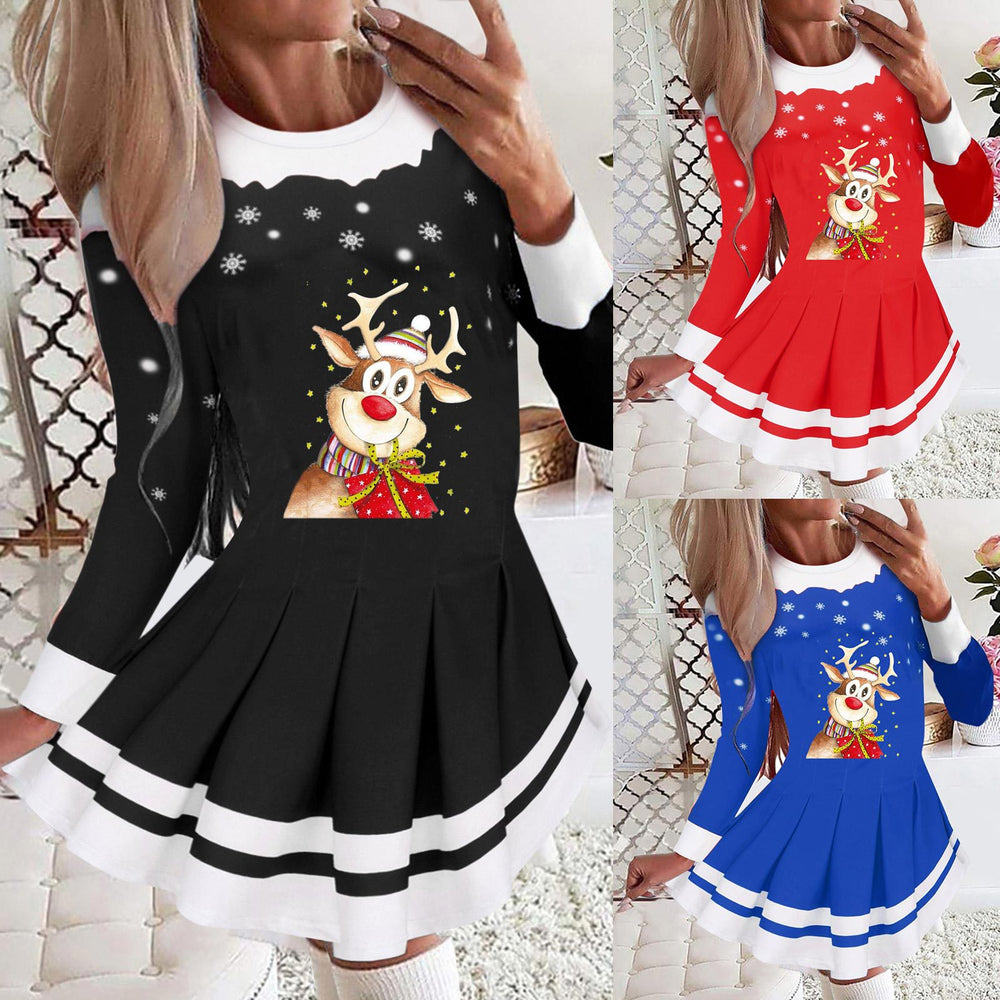 2025 european and american cross-border women's autumn/winter new collection: round neck long sleeve pleated casual party dress