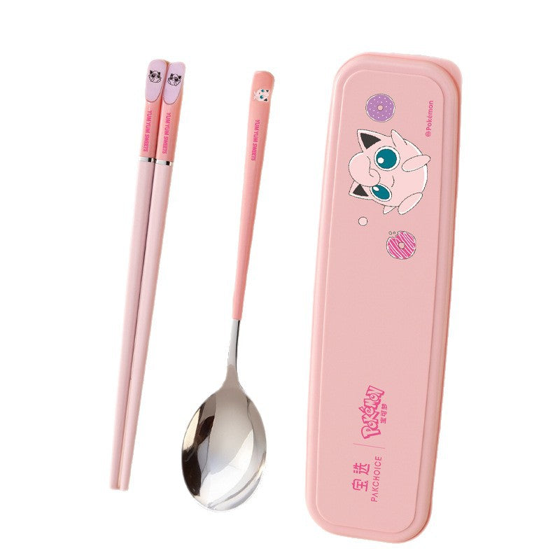 Pokémon 304 stainless steel portable cutlery set - chopsticks, spoon, and fork with student-friendly utensil case